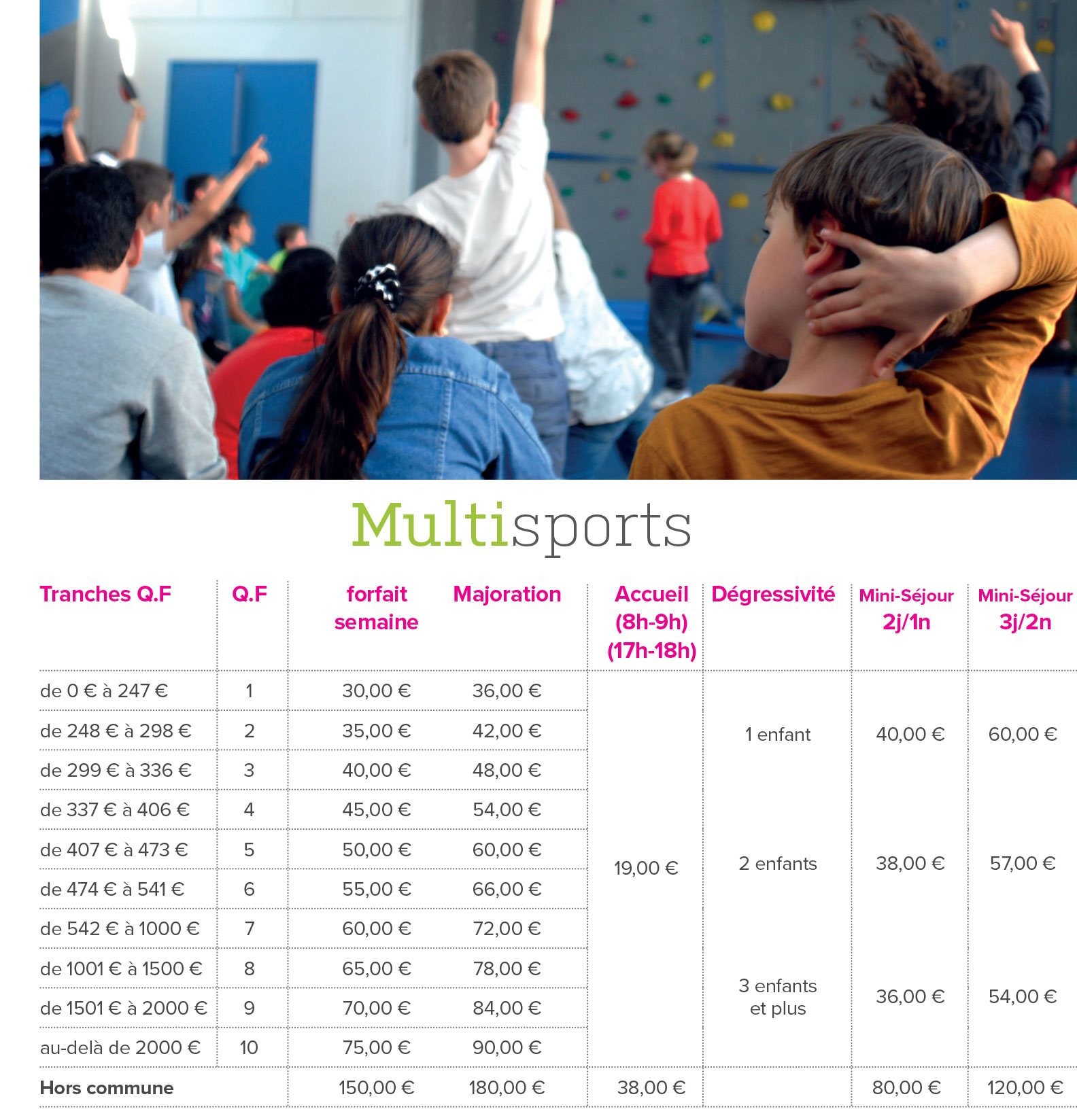 Tarifs stages Multisports
